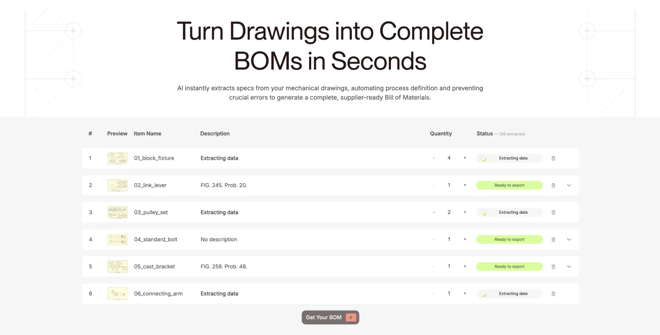Sourcix landing page above a bill-of-materials table, each row extracted from a mechanical drawing with its quantity and export status.