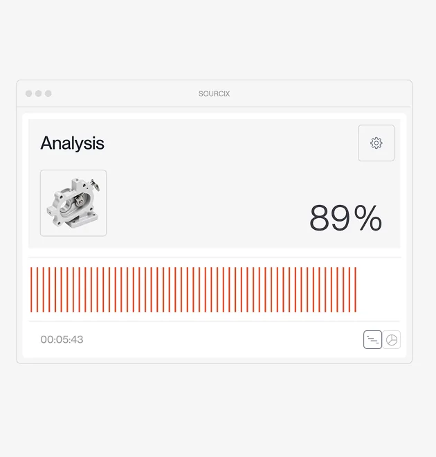 Sourcix analysis panel showing a mechanical part matched at 89 percent with a live progress readout.