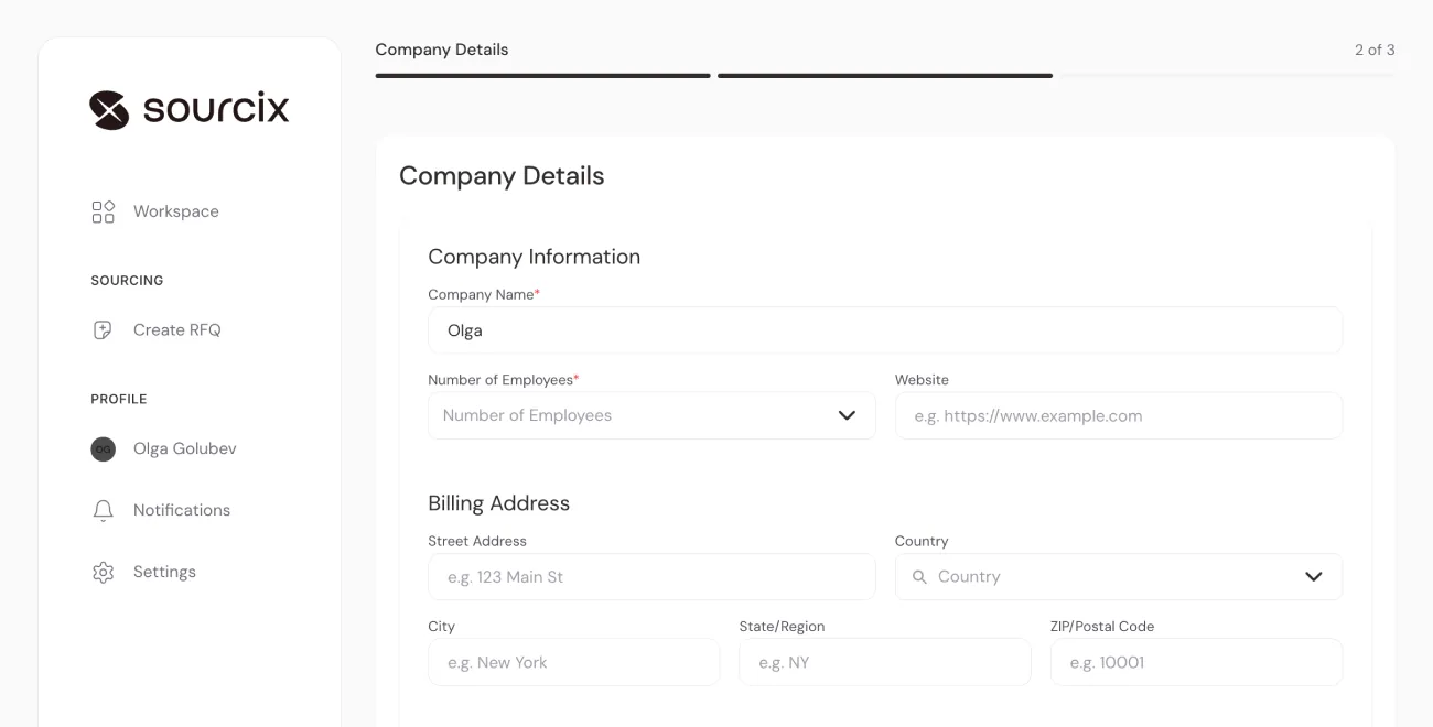 Sourcix onboarding, step two of three, collecting company and billing details beside the sourcing sidebar.